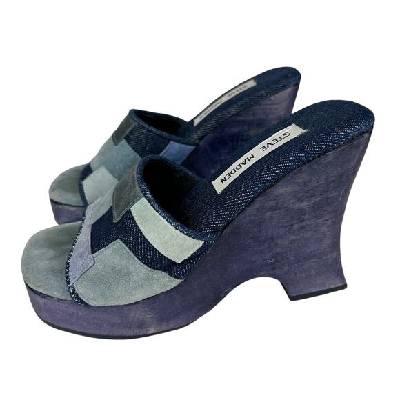 Steve Madden Y2K Wooden Carved Blue Suede Patchwork Heels 6 - Picture 1 of 5